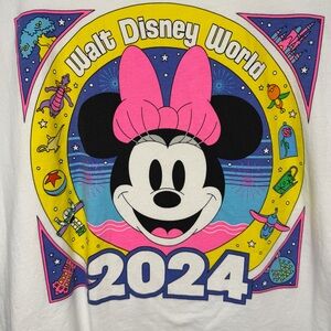 Walt Disney World Minnie Mouse 2024 Graphic Tee Shirt White Size L Neon Pink